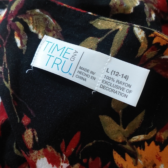 Time and Tru Large 12-14 Womens Rust Orange Black Boho Floral Long Sleeve Blouse - Picture 7 of 8